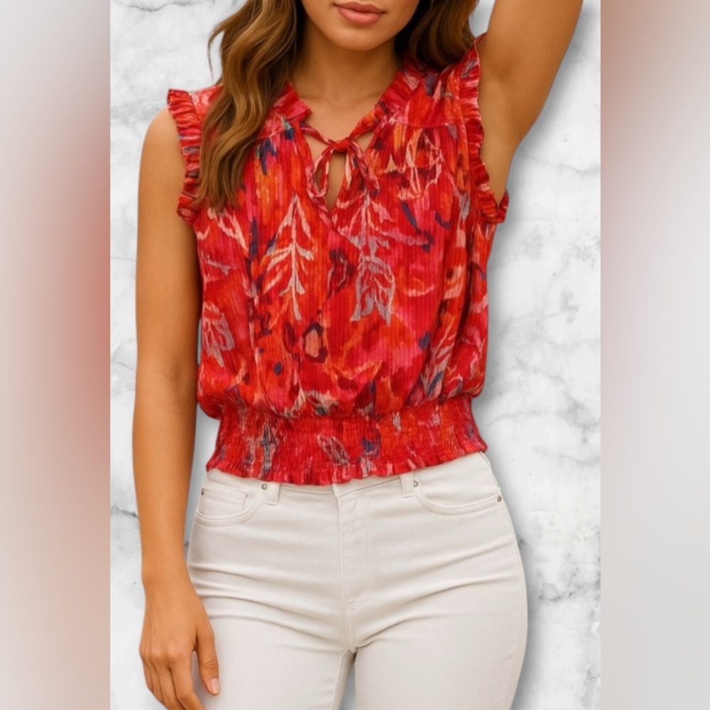 Rachel Zoe Ruffle Sleeve Smocked Waist Keyhole Neck Tie Blouse Top Size XS